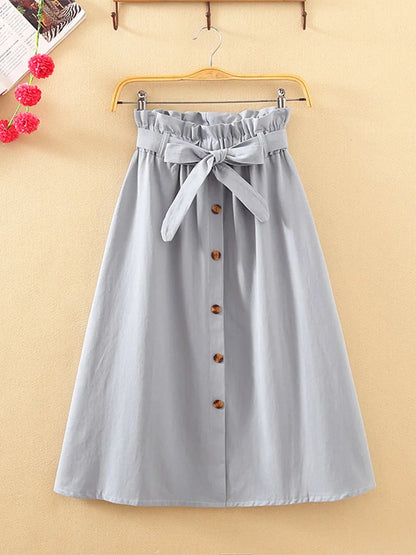 Summer Autumn Midi Pleated High Waist Button Skirt Women