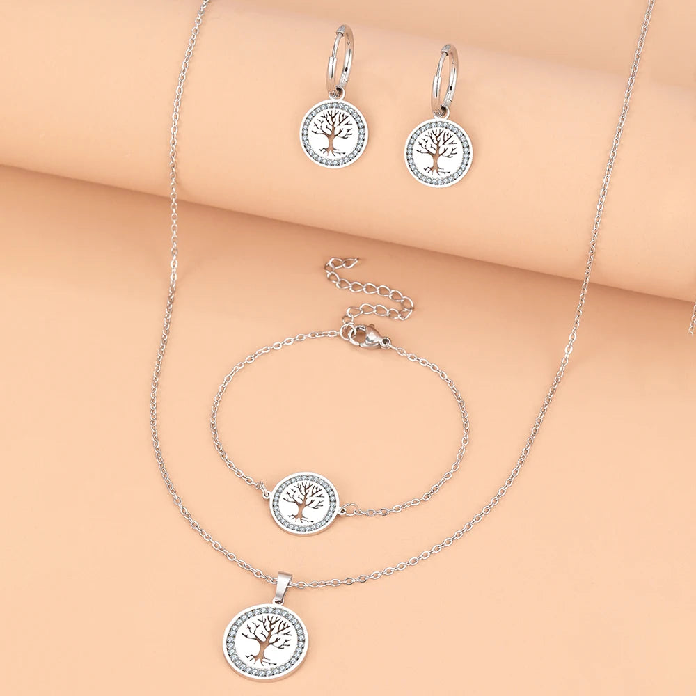 Stainless Steel Tree of Life Jewelry Set for Women Elegant Necklace and Earrings Gift for Weddings and Anniversaries