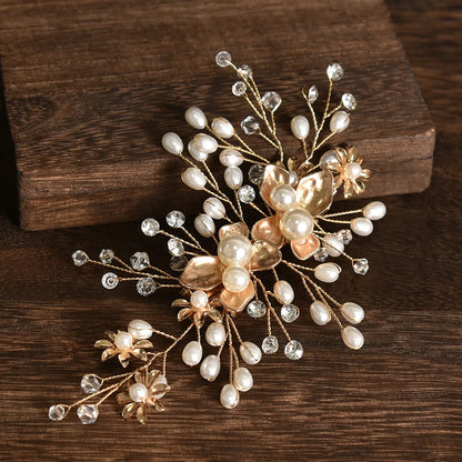 Elegant Bridal Pearl Hairpins Gold Metal Flower Hair Accessories for Women and Girls