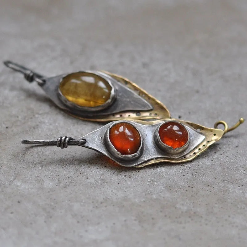 Asymmetric Bronze Red Blue Stone Drop Earrings for Women - Ethnic Statement Jewelry Gift