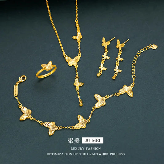 Exquisite 24K Pure Gold Butterfly Necklace Bracelet Ring Set for Women Gift