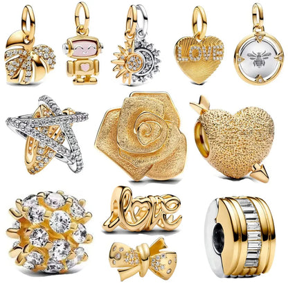 925 Silver Golden Rose Bow Beads Sun and Moon Pendant for European Original Bracelet DIY Exquisite Jewelry Accessories