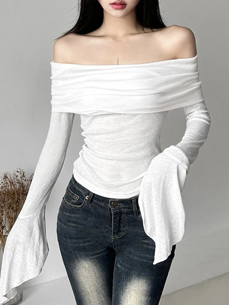 Dozw Y2K Off Shoulder Slash Neck Top For Women Trendy
