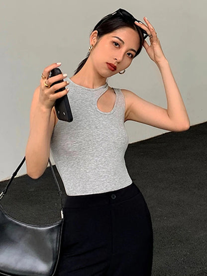 Casual White Sleeveless T Shirt Women Round Neck Slim Korean