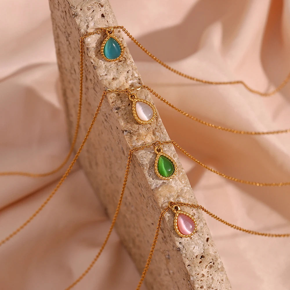 Elegant Waterdrop Opal Necklace for Women - Stainless Steel Semi-Precious Stone Jewelry Gift