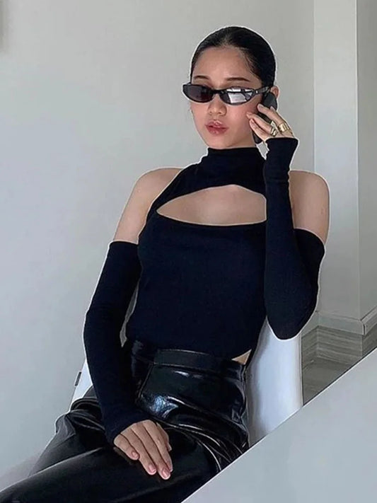 Hollow Out Off Shoulder Long Sleeve Bodysuit Slim Fit