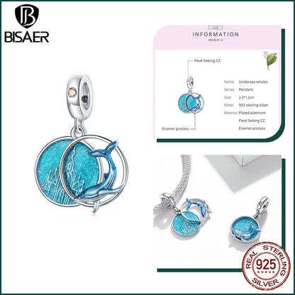 BISAER Ocean Charm 925 Sterling Silver Dolphin and Mermaid Bead with Blue CZ for DIY Jewelry EFC434 CHINA
