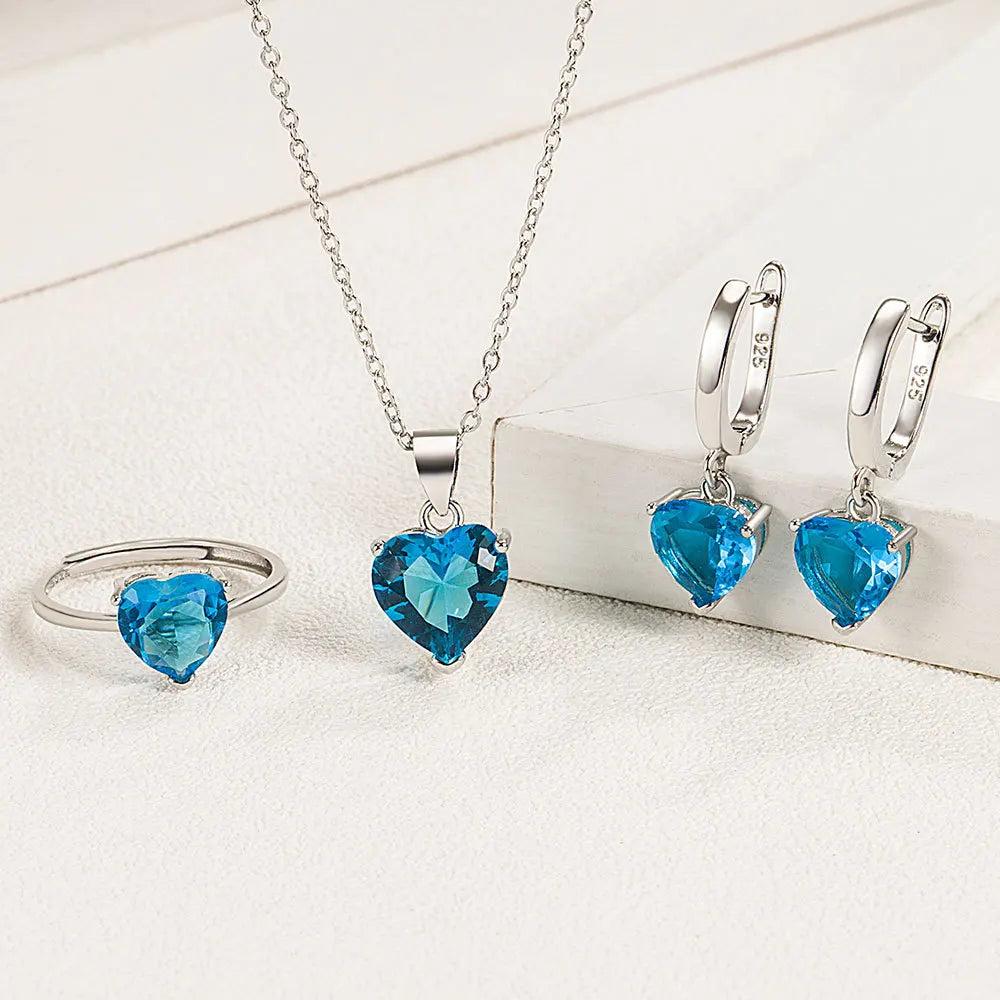 925 Sterling Silver Heart Zircon Jewelry Set for Women Elegant Necklace Earrings Ring Ideal for Weddings and Christmas
