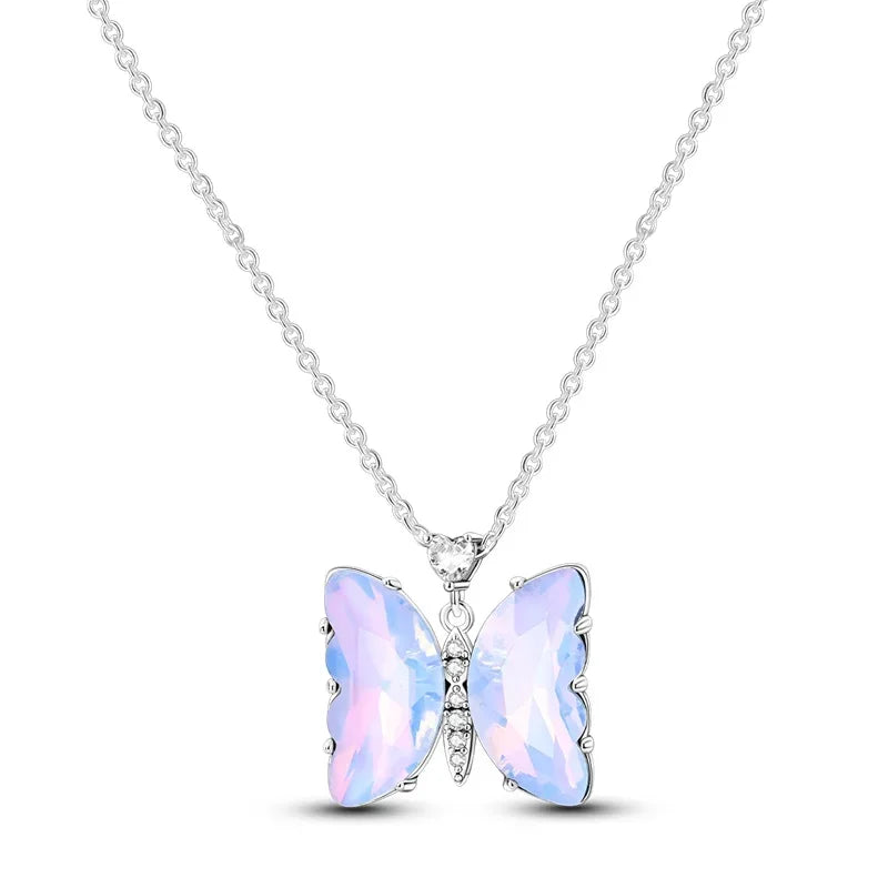 925 Sterling Silver Necklace with Pink Bow Heart Moon Butterfly Pendant Elegant Zircon Charm for Women Classic DIY Gift