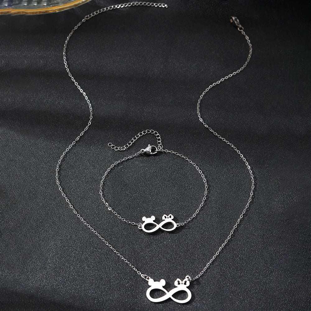 Stainless Steel Mickey Ears Pendant Necklace Set for Women Fashion Jewelry Perfect for Birthdays and Banquets