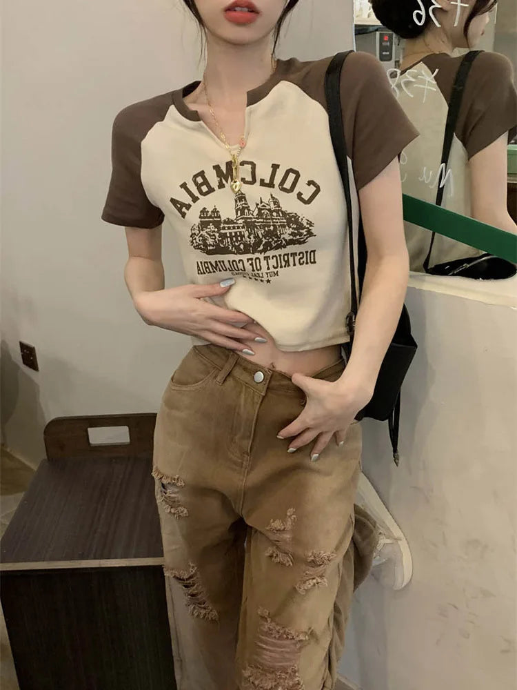 Dozw Vintage Printed Crop Top Women Y2K Aesthetic Tee