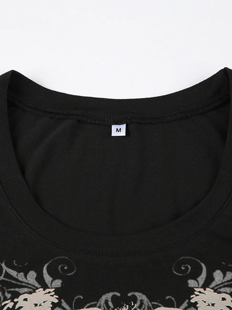 Casual Dark Printed T Shirt Basic Slim O-Neck Short Sleeve Tees Women 2025 Summer Fashion Streetwear Grunge Fairycore