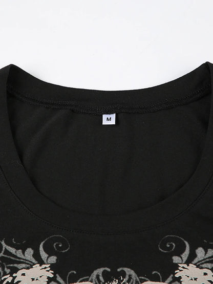 Casual Dark Printed T Shirt Basic Slim O-Neck Short Sleeve Tees Women 2025 Summer Fashion Streetwear Grunge Fairycore