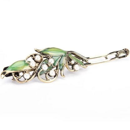 Fashion Women Retro Enamel Leaf Hair Clip with Pearl and Ancient Bronze Alloy Design
