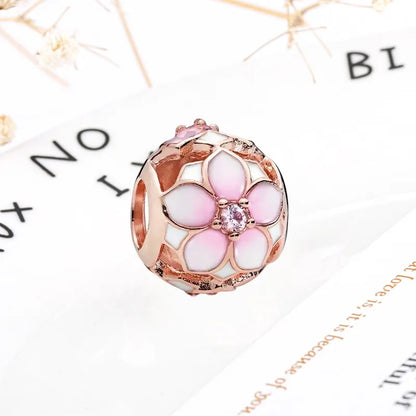 Rose Gold Winged Angel Heart Charm Bead Pink Daisy Spacer