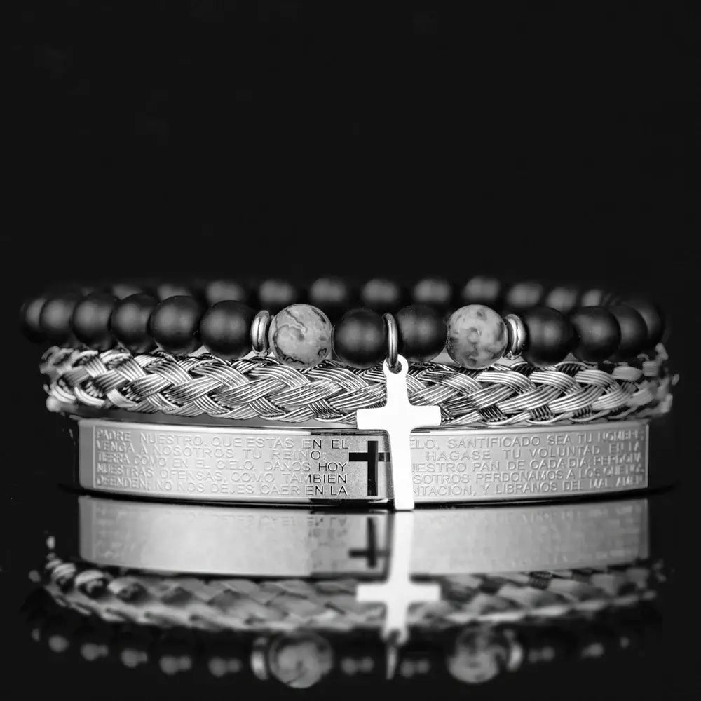 3pcs Set Men Stainless Steel Carving Bangle Cross Bracelet