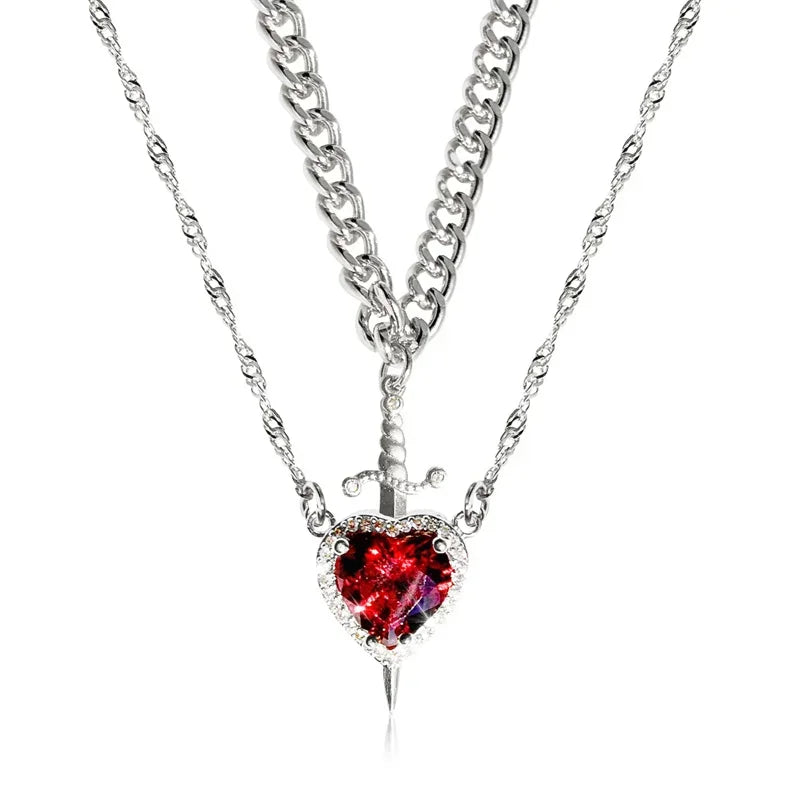 Assembled Heart and Sword Zircon Pendant Necklace Set for Couples Silver Gold Plated Choker Jewelry Gifts
