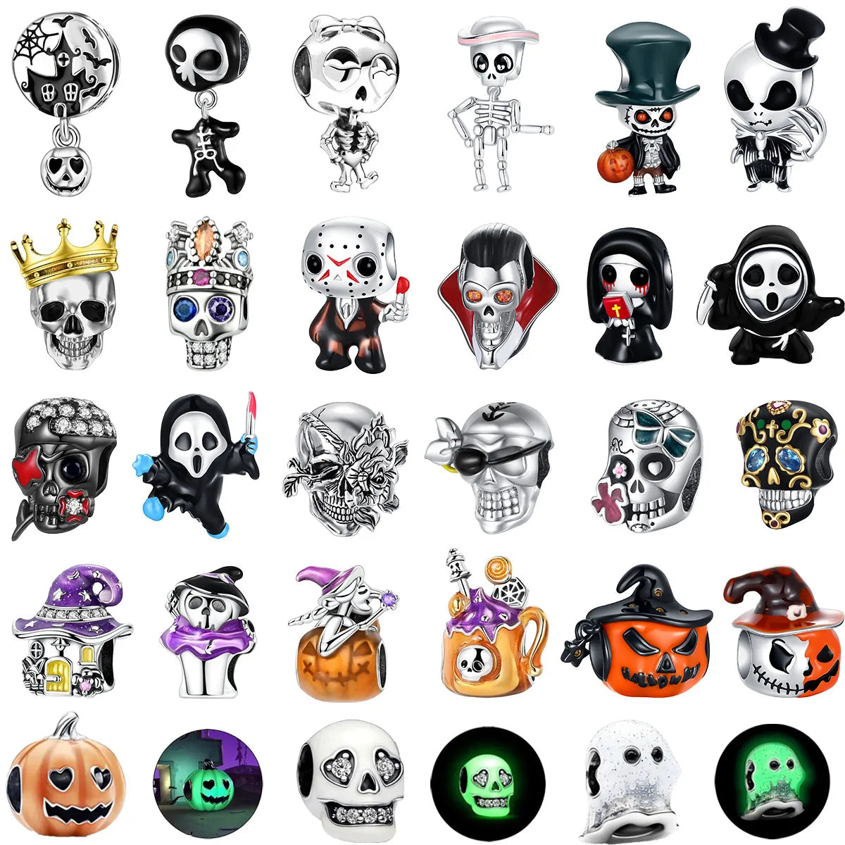 925 Sterling Silver Halloween Charms Set Pumpkin Skull Witch Ghost Beads for Bracelet Necklace Jewelry