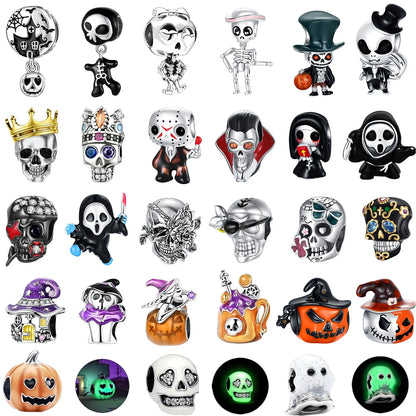 925 Sterling Silver Halloween Charms Set Pumpkin Skull Witch Ghost Beads for Bracelet Necklace Jewelry
