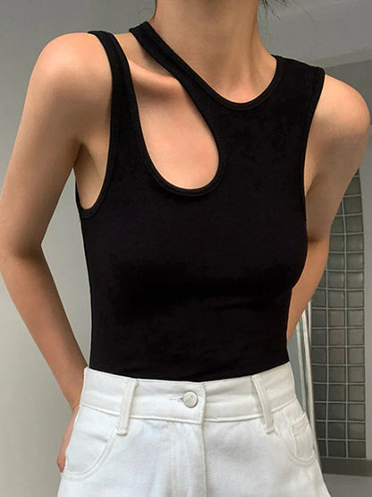 Casual White Sleeveless T Shirt Women Round Neck Slim Korean