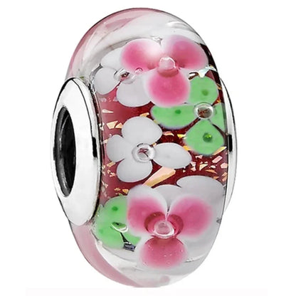 925 Sterling Silver Cosmic Rainbow Murano Glass Beads with Flower and Leaf Charms for DIY Women Jewelry