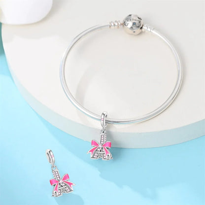 Romantic 925 Sterling Silver Pink Lipstick Heart Bow Rose Flower Zircon Charm Bead for DIY Bracelet Jewelry Gift