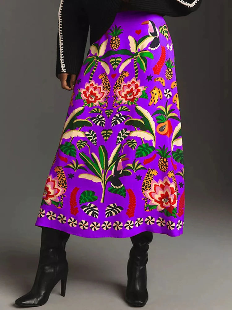Casual Tropical Plant Print Retro Mid Calf Skirt For Women