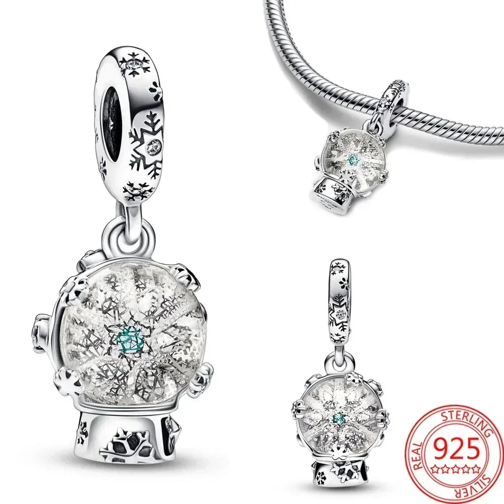 Sterling Silver 925 Skiing Penguin Charm with Geometric Snowflake Beads for Bracelets and Necklaces DIY Jewelry Gift