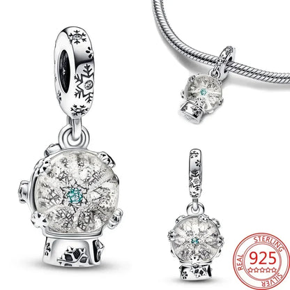 Sterling Silver 925 Skiing Penguin Charm with Geometric Snowflake Beads for Bracelets and Necklaces DIY Jewelry Gift