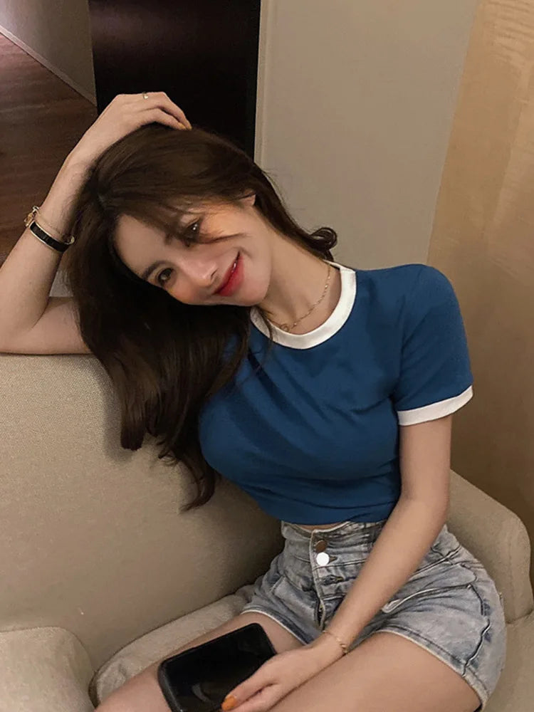 Womens Ribbed O Neck Short Sleeve Crop Top Cotton Tee