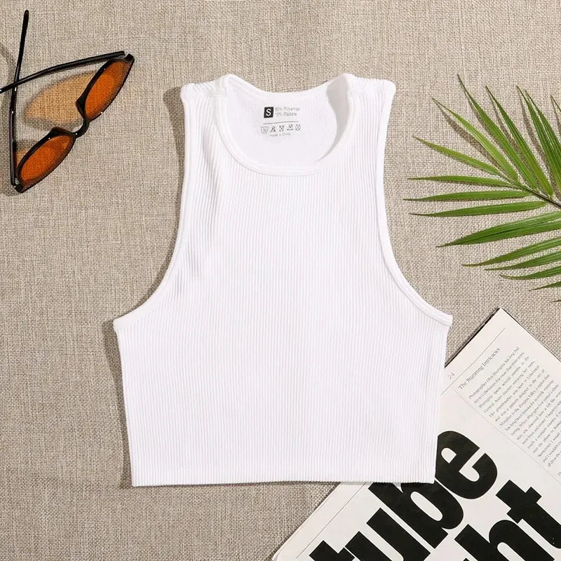 Women’s Seamless Rib-Knit Crop Top Elastic Sleeveless Casual Streetwear Tank