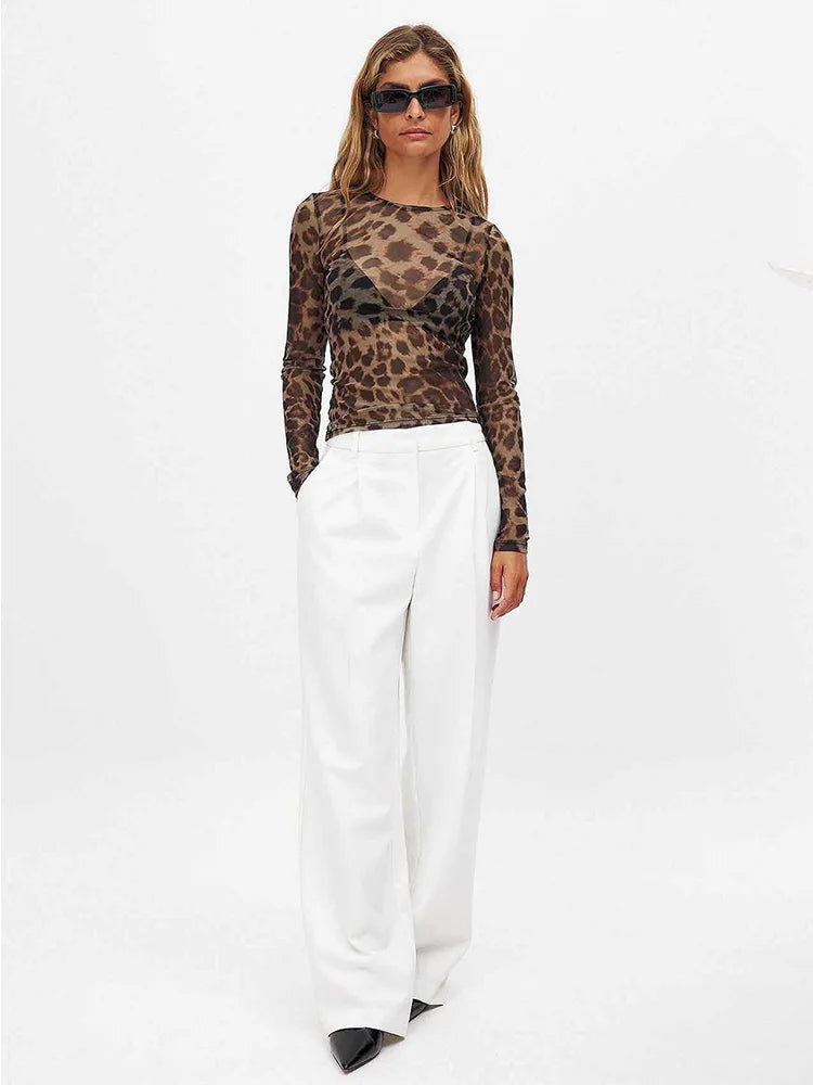 Women Mesh Leopard Crop Top Long Sleeve Slim Fit Streetwear