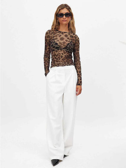 Women Mesh Leopard Crop Top Long Sleeve Slim Fit Streetwear