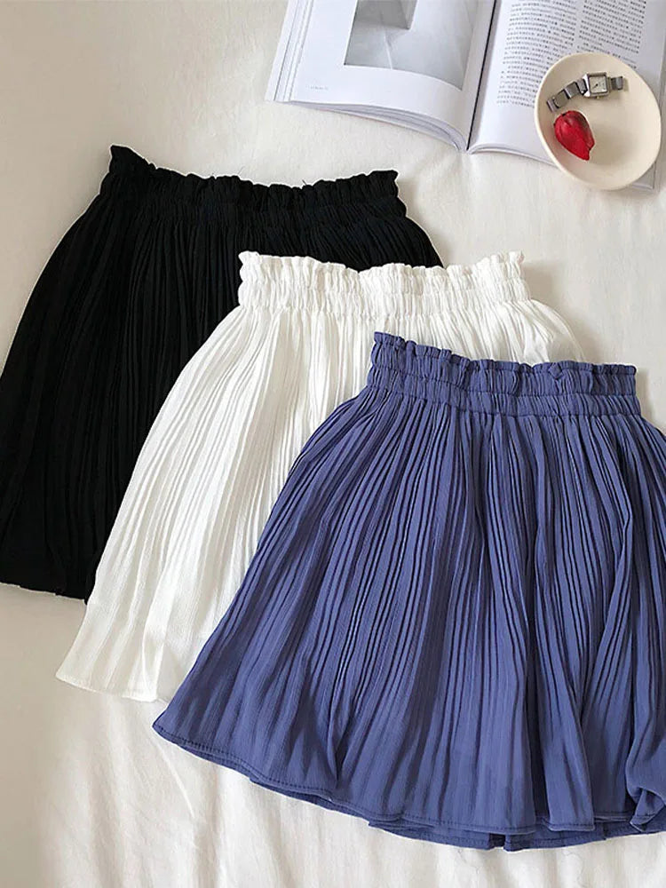 Chiffon Pleated Mini Skirt Elastic Waist Korean Beach 2025