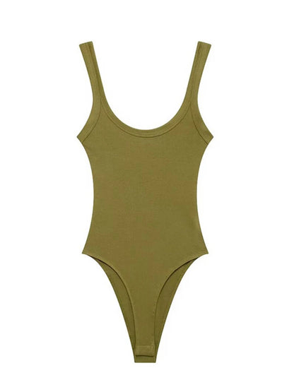 Skinny Ribbed Bodysuits for Women O Neck Straps Snap Button