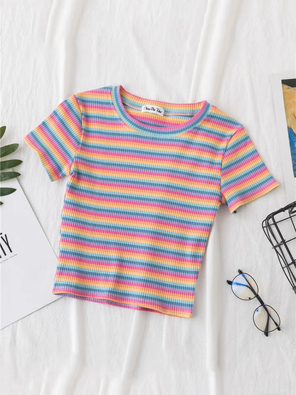 Rainbow Stripe Slim Fit Women T Shirt Short Sleeve Harajuku