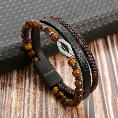 Men's Leather Bracelet with Stainless Steel Tree of Life Charm - Stylish Multi-Layer Fashion Accessory