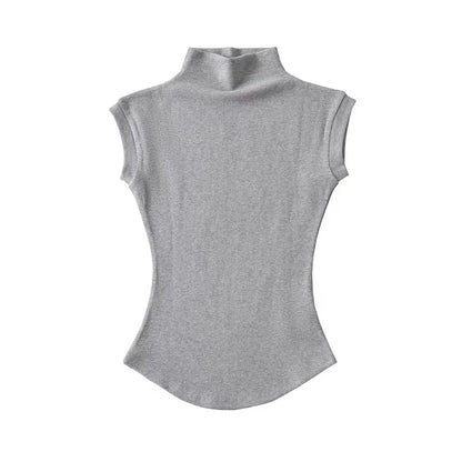 Women Summer Slim Fit Sleeveless Turtleneck Top Casual Solid Color Jersey Tee