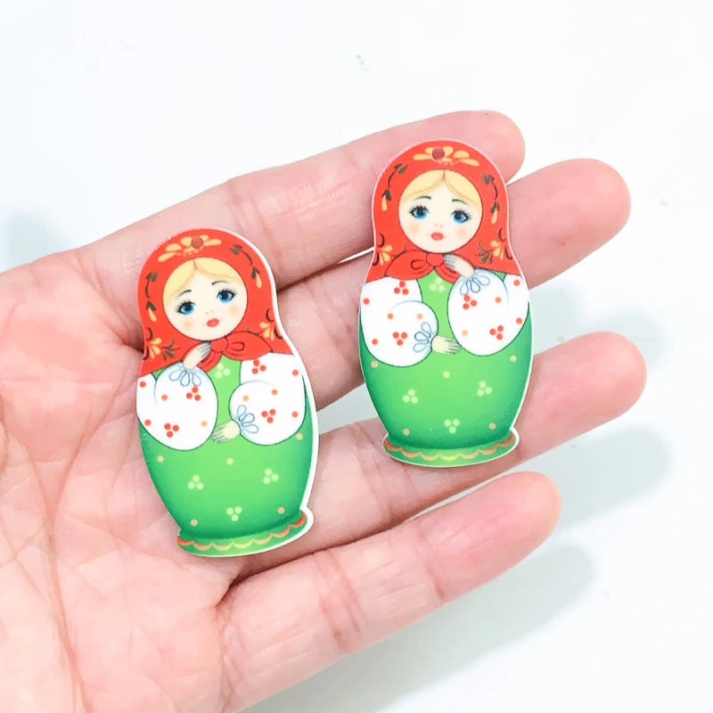Matryoshka Girl Acrylic Charms Double Sided Painted Earrings Jewelry Accessories