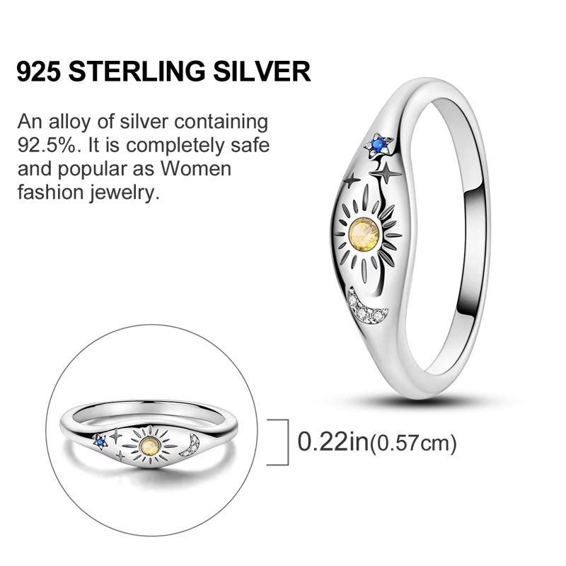 Blue Zircon Evil Eye Ring for Women in 925 Sterling Silver Sparkling Palm Star Moon Wedding Jewelry Gift KSR010