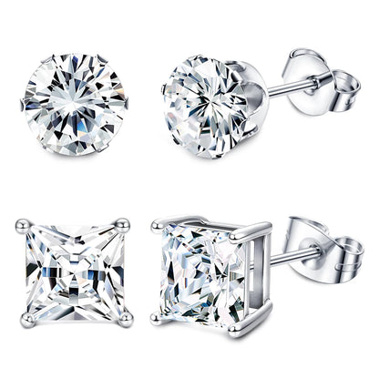 Hypoallergenic 316L Stainless Steel Square Round CZ Stud Earrings Set for Sensitive Ears Unisex 3-8MM
