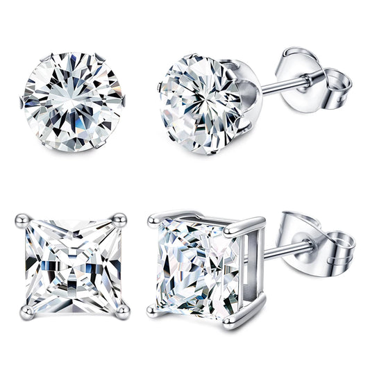 Hypoallergenic 316L Stainless Steel Square Round CZ Stud Earrings Set for Sensitive Ears Unisex 3-8MM