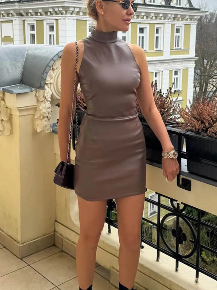 Sexy Burgundy Leather Mini Dress For Women Slim Turtleneck