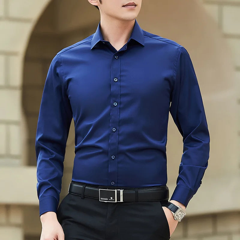 New Plus Size Men Solid Color Business Shirt Slim White Long Sleeve Navy blue