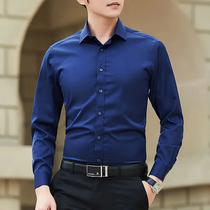New Plus Size Men Solid Color Business Shirt Slim White Long Sleeve Navy blue