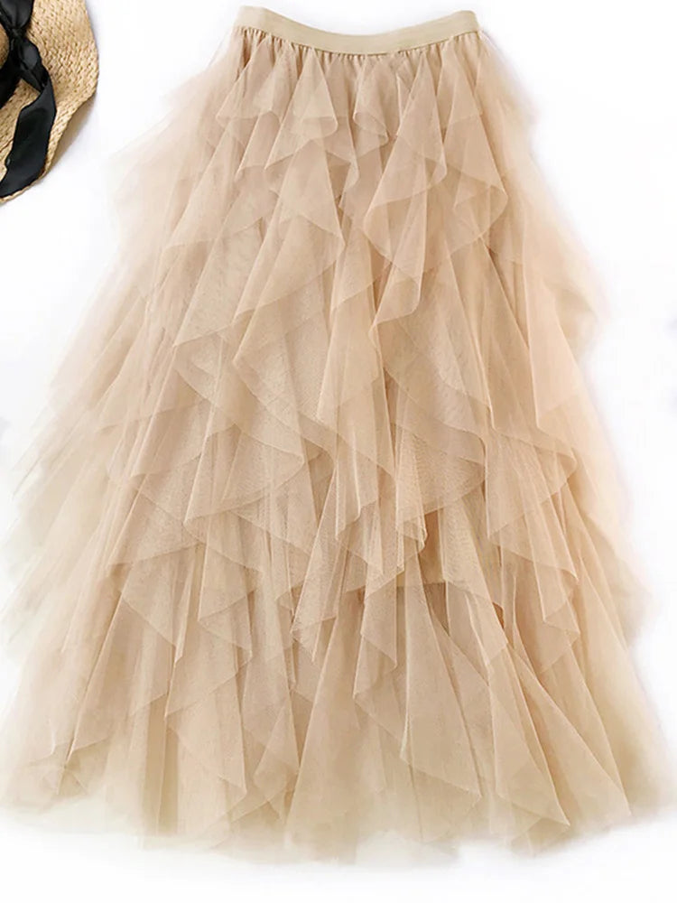Korean Style Tutu Tulle Long Maxi Skirt For Women High Waist