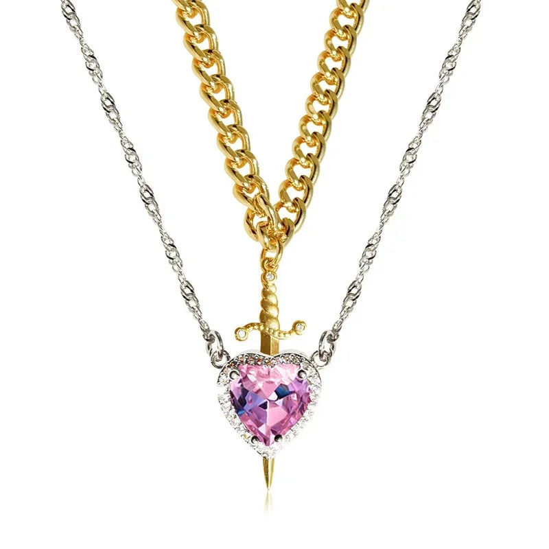 Assembled Heart and Sword Zircon Pendant Necklace Set for Couples Silver Gold Plated Choker Jewelry Gifts