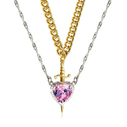 Assembled Heart and Sword Zircon Pendant Necklace Set for Couples Silver Gold Plated Choker Jewelry Gifts