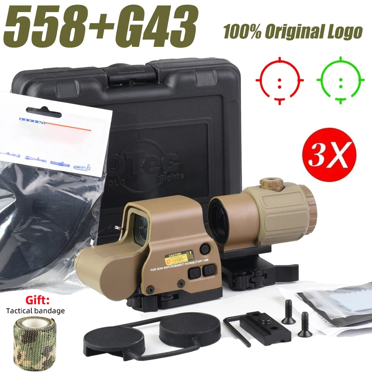 E*T*CH 558 Holographic Red Green Dot Sight Collimator Tactical 3X 5X Magnifier Combo for Hunting and Airsoft Riflescope 558 G43--H--TAN