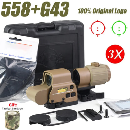 E*T*CH 558 Holographic Red Green Dot Sight Collimator Tactical 3X 5X Magnifier Combo for Hunting and Airsoft Riflescope 558 G43--H--TAN